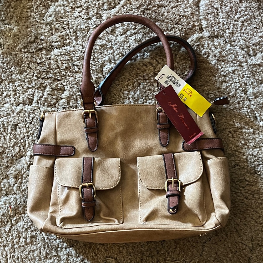 Elegant Tan Satchel with Brown Details